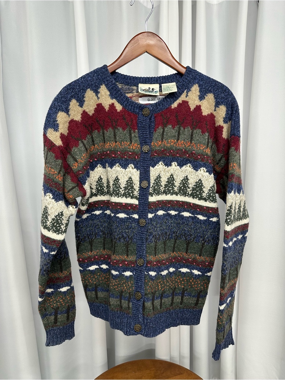 Northern Reflections wool blend Navy Multi Fair Isle Button Cardigan medium tree